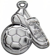 Thumbnail for Ein silberner Anhänger mit der Abbildung eines Fußballs und eines Fußballschuhs, gefertigt aus hochwertigem Material mit exklusivem Design und mit einer Schlaufe an der Oberseite zum Befestigen an einer Kette, heißt Fußball mit Schuh Medaillen Ludwigshafen 53x50 mm