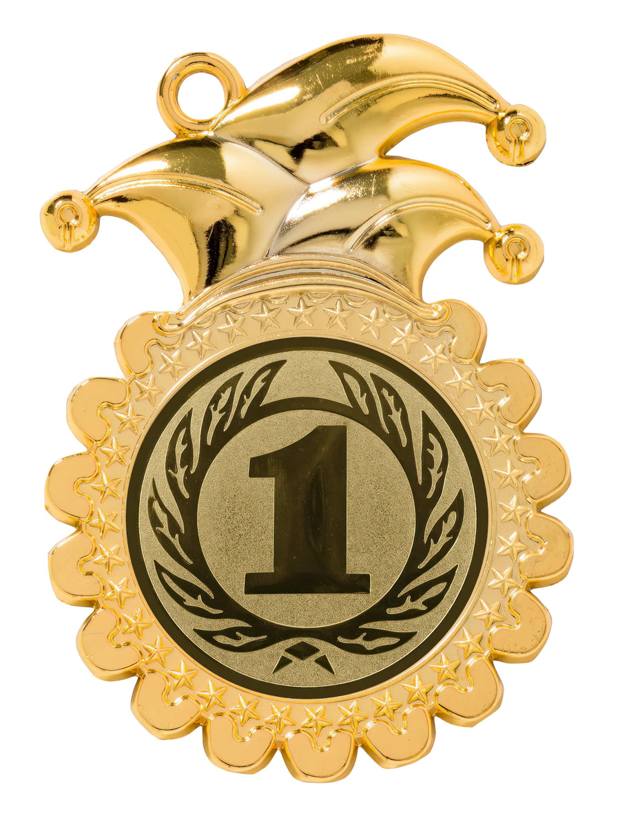 Eine Karnevalsmedaille Osnabrück 107 x 75 mm PK78976g-E50 mit der Zahl „1“ in der Mitte, umgeben von Lorbeerblättern und einem gewellten Rand, gekrönt mit einer Narrenhutverzierung, zeigt ein exklusives Design aus hochwertigem Material.