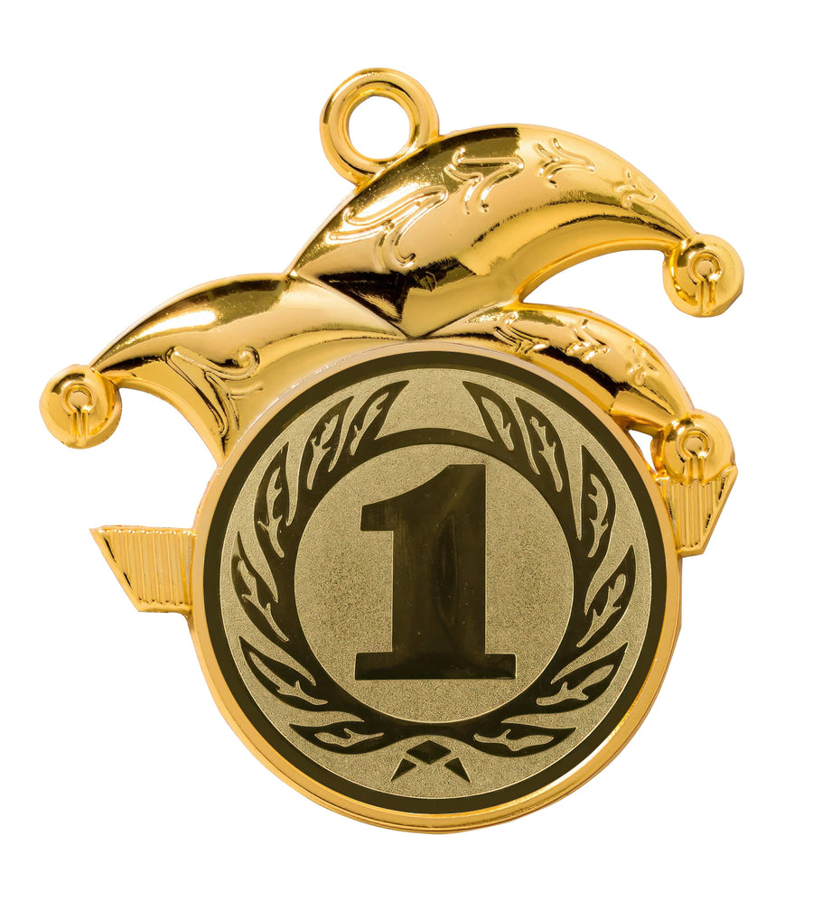 Eine Karnevalsmedaille Leverkusen 80x80 mm PK78993g-E50 mit exklusivem Design, mit einem Narrenhut oben und der großen Zahl „1“ in der Mitte, umgeben von einem Lorbeerkranzmuster. Dieses aus hochwertigem Material gefertigte Stück fällt in jeder Medaillensammlung auf.