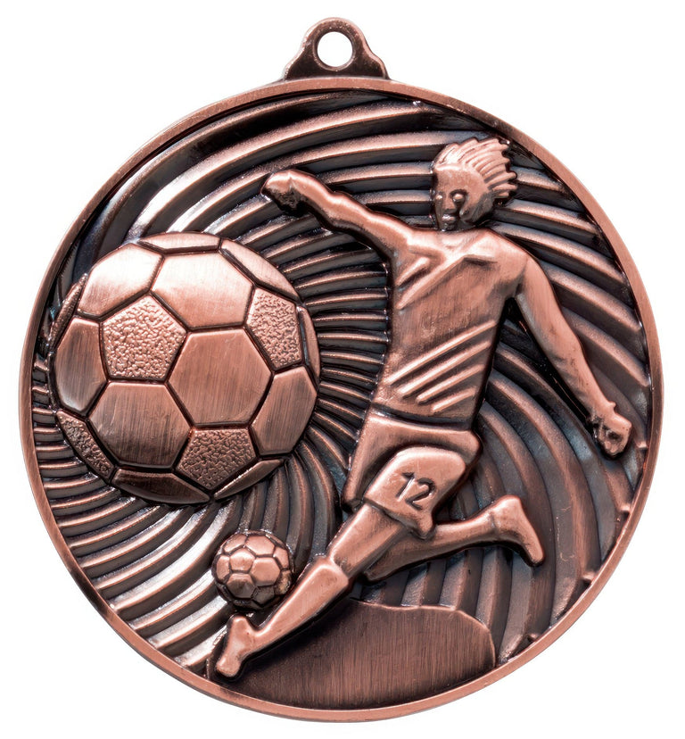 Bronzemedaille mit einem Fußballspieler in Aktion, Trikotnummer 12, der einen Ball kickt. Fußballspieler-Medaillen Erfurt 50 mm von POMEKI.
