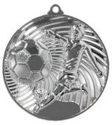 Thumbnail for Eine Fußballspieler-Medaille Erfurt 50 mm mit geprägtem Design eines Fußballspielers, der einen Ball kickt, mit Wirbeln im Hintergrund. Von POMEKI.