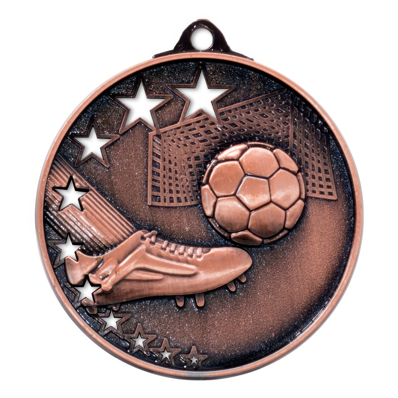 Bronzene Fußballmedaille mit einem Fußball, einem Fußballschuh und mehreren Sternen vor einem strukturierten Hintergrund. Dieser Fußball Tor Schuh Medaillen Oberhausen 50 mm PK79188 verfügt über ein exklusives Design aus hochwertigem Material für Champions.