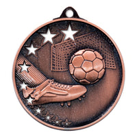 Thumbnail for Bronzene Fußballmedaille mit einem Fußball, einem Fußballschuh und mehreren Sternen vor einem strukturierten Hintergrund. Dieser Fußball Tor Schuh Medaillen Oberhausen 50 mm PK79188 verfügt über ein exklusives Design aus hochwertigem Material für Champions.
