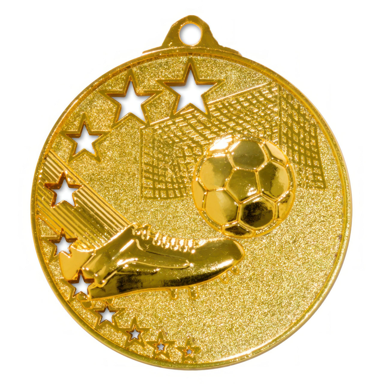 Ein Fußball Tor Schuh Medaillen Oberhausen 50 mm PK79188 mit einem Fußball, einem Fußballschuh und Sternen, gefertigt aus hochwertigem Material und mit exklusivem Design, mit einem Netzhintergrund, der seine komplizierten Details zur Geltung bringt.