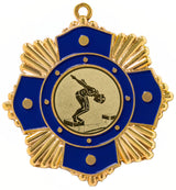 Goldmedaille mit blauen Akzenten, mit einem eingravierten Bild eines Schwimmers, der aus den Startblöcken springt. Diese Medaillen Herne 65 mm besticht durch exklusives Design und hochwertiges Material.