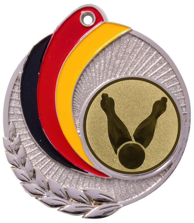 Silbermedaille mit schwarz-rot-goldenem Bogen, Lorbeerzweig und goldenem Emblem mit zwei Kegeln und Kugel. Medaillen Frankfurt am Main 50 mm von POMEKI.