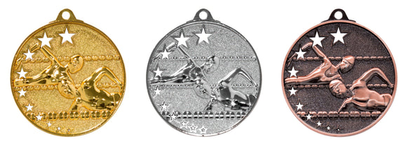 Schwimmen Medaillen Halle 52 mm in Gold, Silber und Bronze – zwei Schwimmer zwischen Bahnleinen, nebeneinander