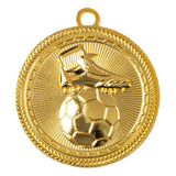 Thumbnail for Goldfarbene Fußballmedaille mit exklusivem Design, dargestellt ein erhabenes Bild des Fußballschuhs mit Ball Medaillen Lübeck 50 mm von POMEKI.
