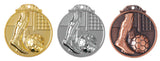 Drei Fußballer-Medaillen Hamm 45 mm mit Fußballmotiven in Gold, Silber und Bronze, jeweils mit einem Reliefdesign eines Fußballs und eines Spielerschuhs.
