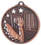 Thumbnail for Bronzefarbene Medaille mit Sternenrand: eine Hand fängt einen Handball vor dem Tornetz. Handball Medaillen Duisburg 45 mm von POMEKI.