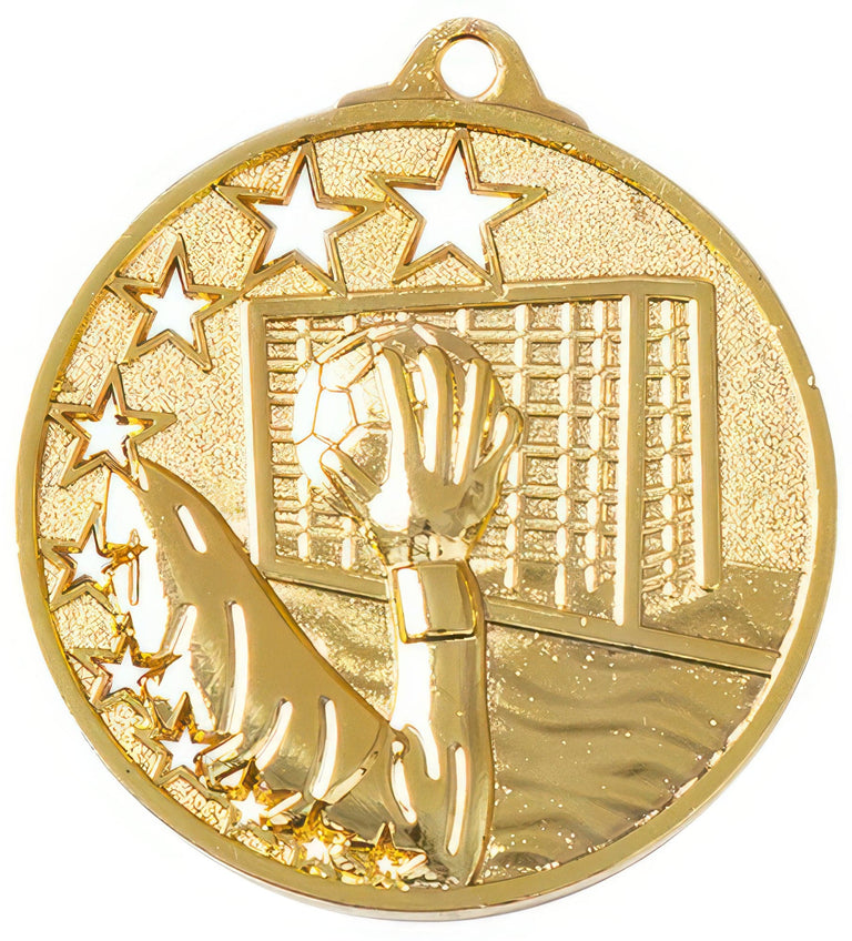Goldfarbene Medaille mit Sternenrand: eine Hand fängt einen Handball vor einem Tor. Handball Medaillen Duisburg 45 mm von POMEKI.