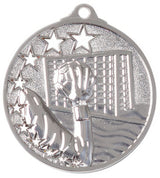 Thumbnail for Silberne Medaille mit Sternenrand: eine Hand fängt einen Handball vor dem Tornetz. Handball Medaillen Duisburg 45 mm von POMEKI.