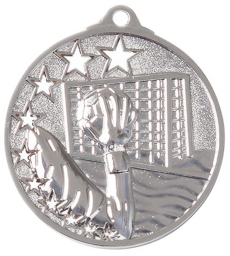 Silberne Medaille mit Sternenrand: eine Hand fängt einen Handball vor dem Tornetz. Handball Medaillen Duisburg 45 mm von POMEKI.