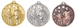Drei Medaillen in Gold, Silber und Bronze mit Reliefbildern von Athleten und Sternen im Design. Laufen Medaillen Braunschweig 45 mm von POMEKI.
