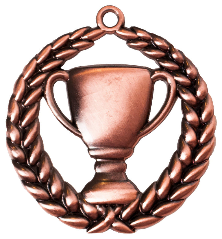 Bronzefarbene Medaille mit Pokal-Relief in der Mitte, umrahmt von einem Lorbeerkranz mit Aufhängeöse. Medaillen Hannover 70 mm von POMEKI.