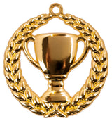 Eine goldene Trophäe, umgeben von einem Lorbeerkranz mit einer kleinen Schlaufe zum Aufhängen an der Oberseite, gefertigt aus hochwertigem Material für ein exklusives Design, das an die Medaillen Hannover 70 mm erinnert.