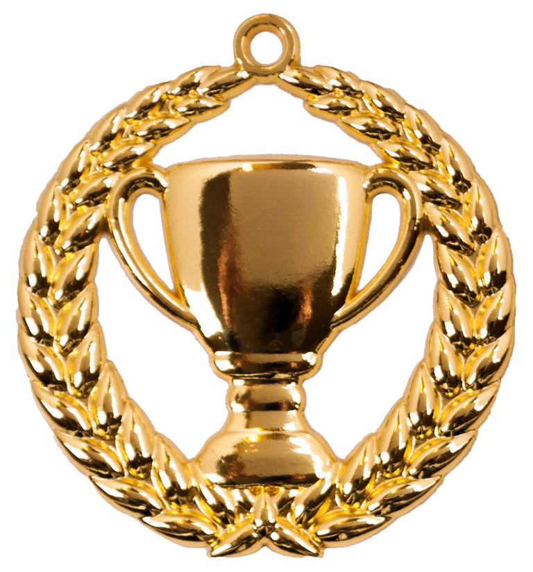 Eine goldene Trophäe, umgeben von einem Lorbeerkranz mit einer kleinen Schlaufe zum Aufhängen an der Oberseite, gefertigt aus hochwertigem Material für ein exklusives Design, das an die Medaillen Hannover 70 mm erinnert.