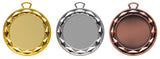 Drei runde Medaillen in Gold, Silber und Bronze mit facettiertem Rand, leerer Mitte und Aufhängeöse. Medaillen Bielefeld 70 mm von POMEKI.