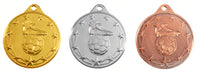 Thumbnail for Drei Fußballschuh-Medaillen mit Ball von Krefeld 50 mm PK79332 in den Farben Gold, Silber und Bronze mit Fußballmotiven, jeweils mit einem Fußball- und einem Schuhdesign, umgeben von Sternen.