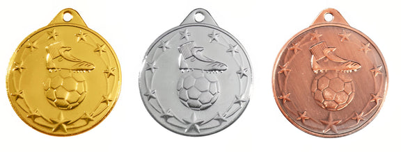 Fußballschuh mit Ball Medaillen Krefeld 50 mm – drei Varianten in Gold, Silber und Bronze mit Sternenkranz am Rand