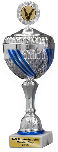 Thumbnail for Ein Pokale Güthersloh 6-er Pokalserie 285 mm – 358 mm PK759930-6-E50 mit blauen Akzenten, einem Badminton-Symbol oben und einer Plakette mit der Aufschrift „TuS Musterhausen Muster Cup 2019“.