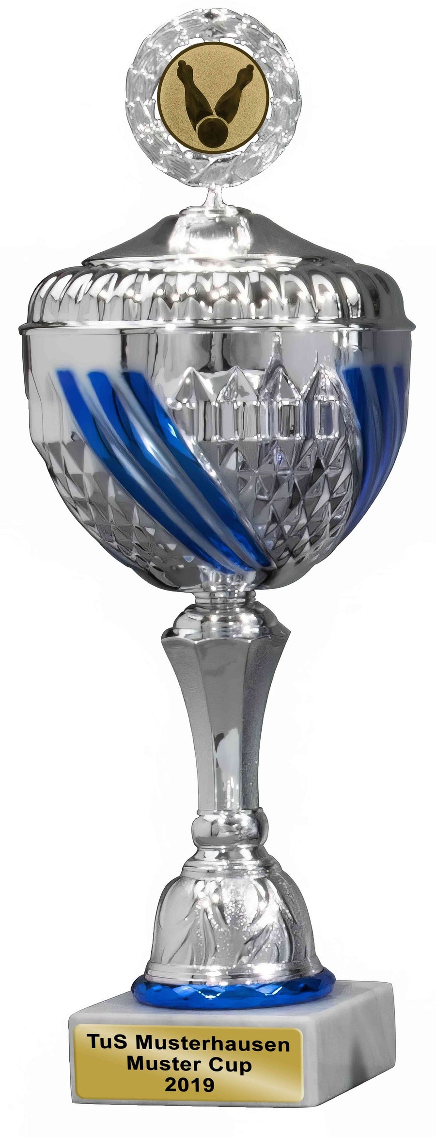 Ein Pokale Güthersloh 6-er Pokalserie 285 mm – 358 mm PK759930-6-E50 mit blauen Akzenten, einem Badminton-Symbol oben und einer Plakette mit der Aufschrift „TuS Musterhausen Muster Cup 2019“.