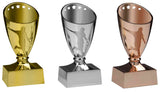Drei 3er-Serie Fußball 120 mm in Gold, Silber und Bronze, jede mit einem Fußballspieler-Silhouette und Sternenausschnitten, aus hochwertigem Material.