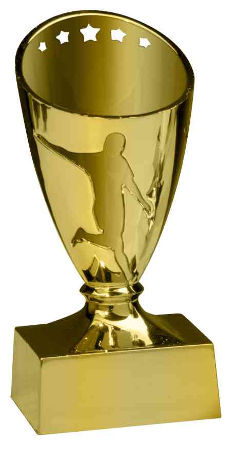 3-er Serie Fußball 120 mm mit der Silhouette eines Fußballspielers und Sternaussparungen an der Oberseite, montiert auf einem quadratischen Sockel.