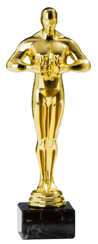 Eine vergoldete Statuette einer stehenden Figur aus der 3-er Serie Siegerfigur 175 mm – 220 mm PK736430-3 mit einem Schwert in der Hand, montiert auf einem schwarzen Sockel, ist ein Beispiel für exklusives Design und prestigeträchtige Auszeichnung.