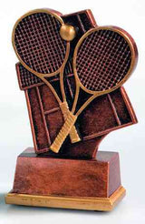 Thumbnail for Bronzefarbene Trophäe mit zwei gekreuzten Tennisschlägern und Ball auf rechteckigem Metallsockel mit goldener Kante. 3-er Serie Tennis 80 mm von POMEKI.