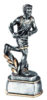 Die Trophäe Laufen Mann 155 mm zeigt einen metallischen männlichen Läufer auf einem rechteckigen Sockel mit goldenen Akzenten und einem Blattgold - perfekt als Geschenk oder Ehrenpreis für sportliche Leistungen.