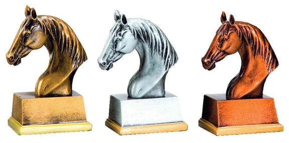 3er-Serie Pferdekopf 110 mm – drei Büsten-Trophäen in Gold, Silber und Bronze mit gewellter Mähne auf rechteckigen Sockeln