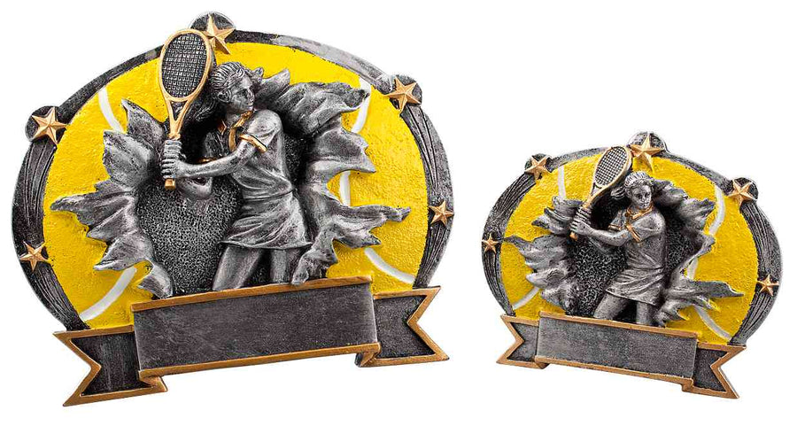 Zwei 2er Serien Tennis Damen 112x138 mm – 165x202 mm PK737640-39-2 mit einem gelb-schwarzen kreisförmigen Hintergrund, zeigt eine Spielerin, die einen Schläger hält, und eine leere Plakette zum Gravieren an der Unterseite, gefertigt aus hochwertigem Material für eine außergewöhnliche Auszeichnung.