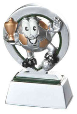 Thumbnail for Lächelnde Comicfigur mit Fußballkopf hält einen goldenen Pokal, im runden Rahmen auf hellem Sockel. 2-er Serie Fussball Kinder 88 mm - 108 mm von POMEKI.