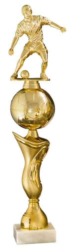 Ein goldener Fußballpokal mit einem Spieler oben drauf, einem Fußball in der Mitte und einem Sockel aus weißem Marmor: Dieser exquisite 10er Serie Fußball 348 mm – 530 mm PK739000-10 stellt eine majestätische Auszeichnung dar.