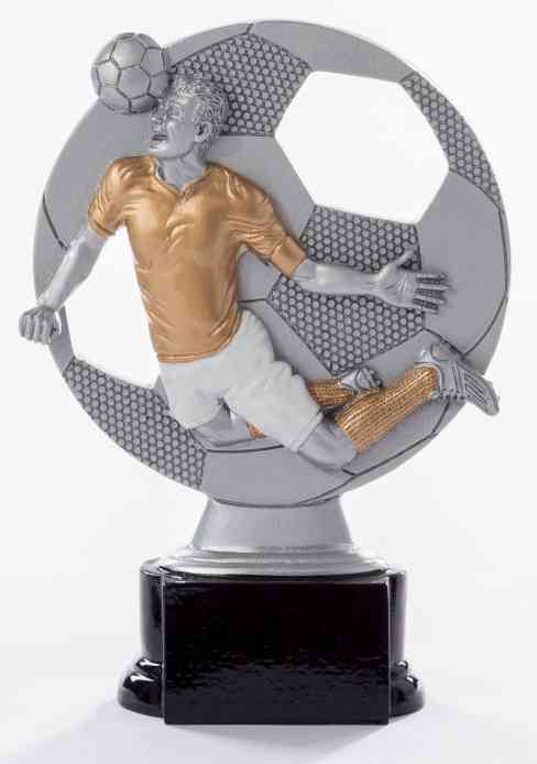 Eine 3-er Serie Fußball 160 mm - 200 mm zeigt einen Fußballspieler in einer Action-Pose, der ein goldenes Hemd und weiße Shorts trägt, mit einem großen, abstrakten Fußball im Hintergrund. Diese atemberaubende Auszeichnung ist das perfekte Geschenk für jeden Fußballfan.
