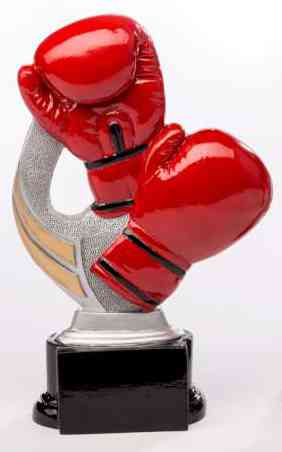 Eine 3-er Serie Kampfsport 160 mm – 200 mm PK739114-12-3 mit zwei roten Boxhandschuhen auf einer schwarzen Basis mit einer halbkreisförmigen Stützstruktur, gefertigt aus hochwertigem Material.