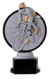 Thumbnail for Eine 3-er Serie Radsport Herren 160 mm - 200 mm mit einem Radfahrer auf einem Rennrad, montiert auf einem schwarzen Sockel. Die Figur des Radfahrers ist silberfarben mit goldenen Akzenten, gefertigt aus hochwertigem Material für ein exklusives Design.