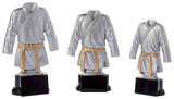 Drei Kampfsportarten, 3-er Serie Kampfsport 160 mm – 200 mm, in Form silberner Kampfsportuniformen mit goldenen Gürteln, stehen stolz auf schwarzen Sockeln und zeigen ein exklusives Design.