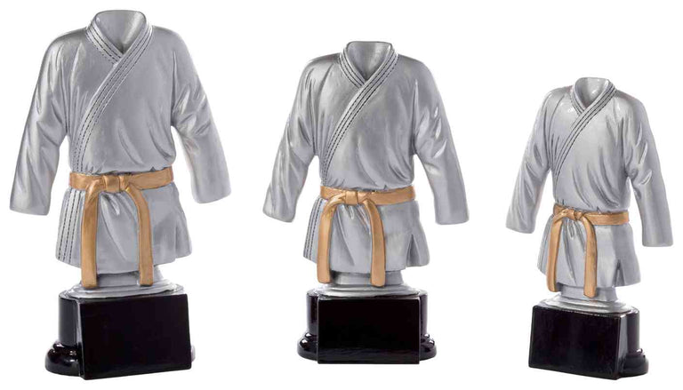 Drei Kampfsportarten, 3-er Serie Kampfsport 160 mm – 200 mm, in Form silberner Kampfsportuniformen mit goldenen Gürteln, stehen stolz auf schwarzen Sockeln und zeigen ein exklusives Design.