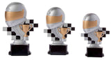 Die 3-er Serie Motorsport 160 mm - 200 mm bietet drei Trophäen - Helm, Pokal und Zielflagge - auf schwarzen Sockeln, die sich perfekt als Geschenk oder Ehrenpreis in kleinen, mittleren und großen Größen eignen.