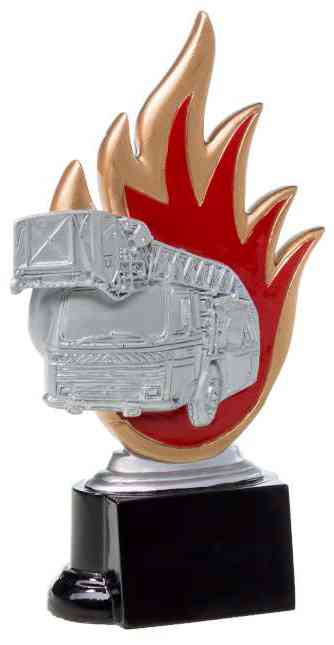 Ein Feuerwehrauto der 3er-Serie 160 mm - 200 mm PK739144-42-3 mit einem geformten Feuerwehrauto vor einer rot-goldenen Flamme, montiert auf einem schwarzen Sockel. Dieses exklusive Design ist aus hochwertigem Material gefertigt und somit sowohl elegant als auch langlebig.