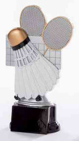 Thumbnail for Eine 3-er Serie Badminton 160 mm - 200 mm mit schwarzer Basis mit einem Badminton-Federball vor zwei gekreuzten Schlägern und einem Netzabschnitt, perfekt als Auszeichnung oder Geschenk.