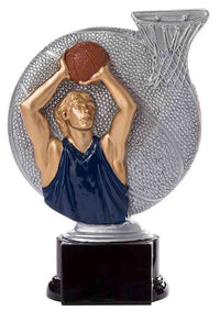 Thumbnail for Ein Basketball der 3er-Serie 160 mm – 200 mm PK739159-57-3, der einen Spieler im blauen Trikot zeigt, der einen Slam Dunk macht, vor einem Basketball- und Korbhintergrund, ist die perfekte Auszeichnung für jeden Starathleten.