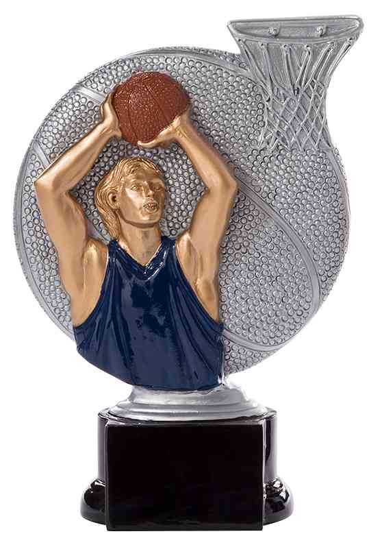 Ein Basketball der 3er-Serie 160 mm – 200 mm, der einen Spieler im blauen Trikot zeigt, der einen Slam Dunk macht, vor einem Basketball- und Korbhintergrund, ist die perfekte Auszeichnung für jeden Starathleten.