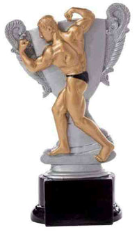 Thumbnail for Eine 3er Serie Bodybuilding 160 mm - 200 mm PK739162-60-3 mit einem muskulösen, goldenen männlichen Bodybuilder, der vor einem silbernen, verzierten Pokal auf schwarzem Sockel posiert, ist ein eindrucksvolles Geschenk oder eine Auszeichnung.