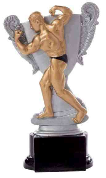 Eine 3er Serie Bodybuilding 160 mm - 200 mm PK739162-60-3 mit einem muskulösen, goldenen männlichen Bodybuilder, der vor einem silbernen, verzierten Pokal auf schwarzem Sockel posiert, ist ein eindrucksvolles Geschenk oder eine Auszeichnung.