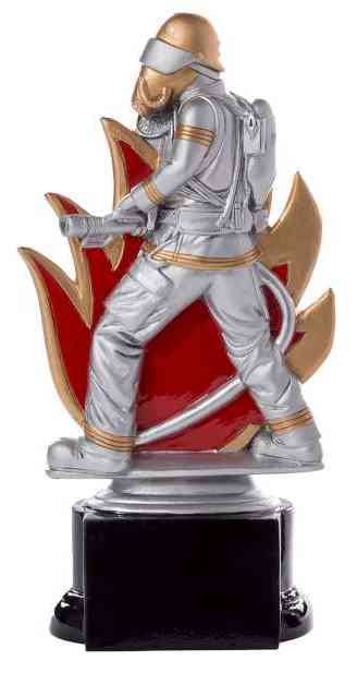 Ein Feuerwehrmann der 3er-Serie 160 mm – 200 mm PK739168-66-3 mit schwarzer Basis, der einen Feuerwehrmann in Ausrüstung zeigt, der einen Schlauch hält und vor einem roten Flammenhintergrund geht.