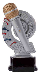 Thumbnail for Die 3-er Serie Musik 160 mm - 200 mm zeigt eine silber- und goldfarbene Ehrenpreis-Mikrofon-Trophäe auf schwarzem Sockel, umrahmt von kreisförmigen und abstrakten Musiknoten - das perfekte Geschenk für Musikliebhaber.