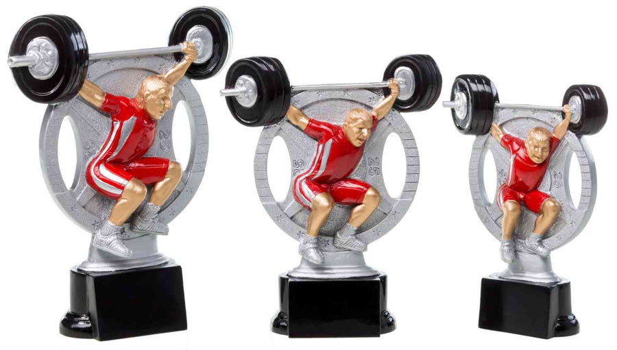 Drei Gewichtheber-Trophäen mit silbernen und roten Details, die jeweils einen Gewichtheber in der Hocke darstellen, der eine Hantel über dem Kopf hält. Die 3-er Serie Gewichtheben 160 mm - 200 mm PK739180-78-3 bietet eine beeindruckende Darstellung von Kraft und Handwerkskunst.